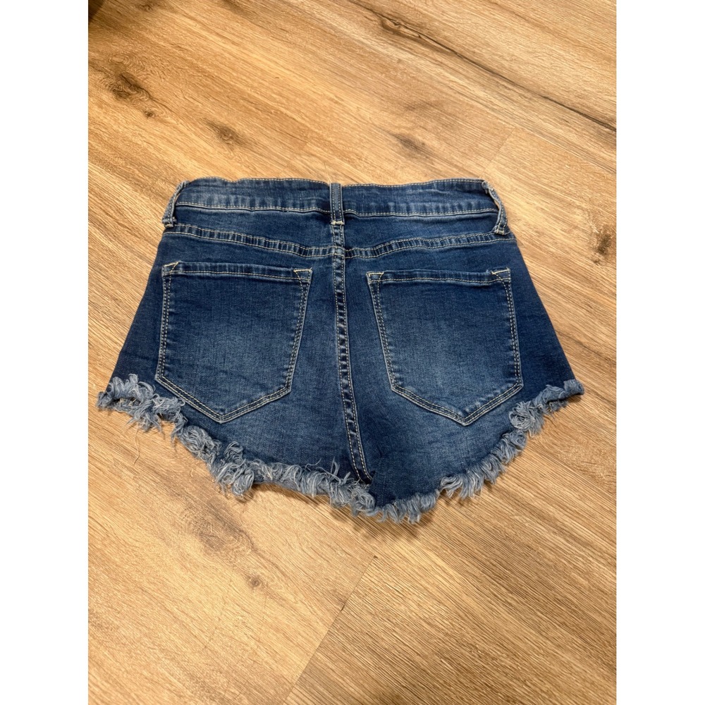 KanCan High Rise Distressed Denim Shorts Dark Wash Raw Fringe Hem Size 5 26 - Picture 2 of 5
